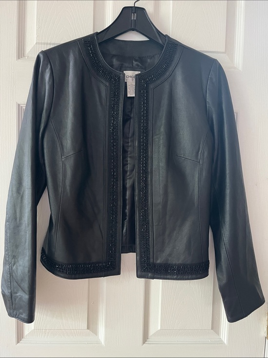 Chico's Jackets & Blazers - Chico's Black Leather Collarless Beaded Trim Jacket